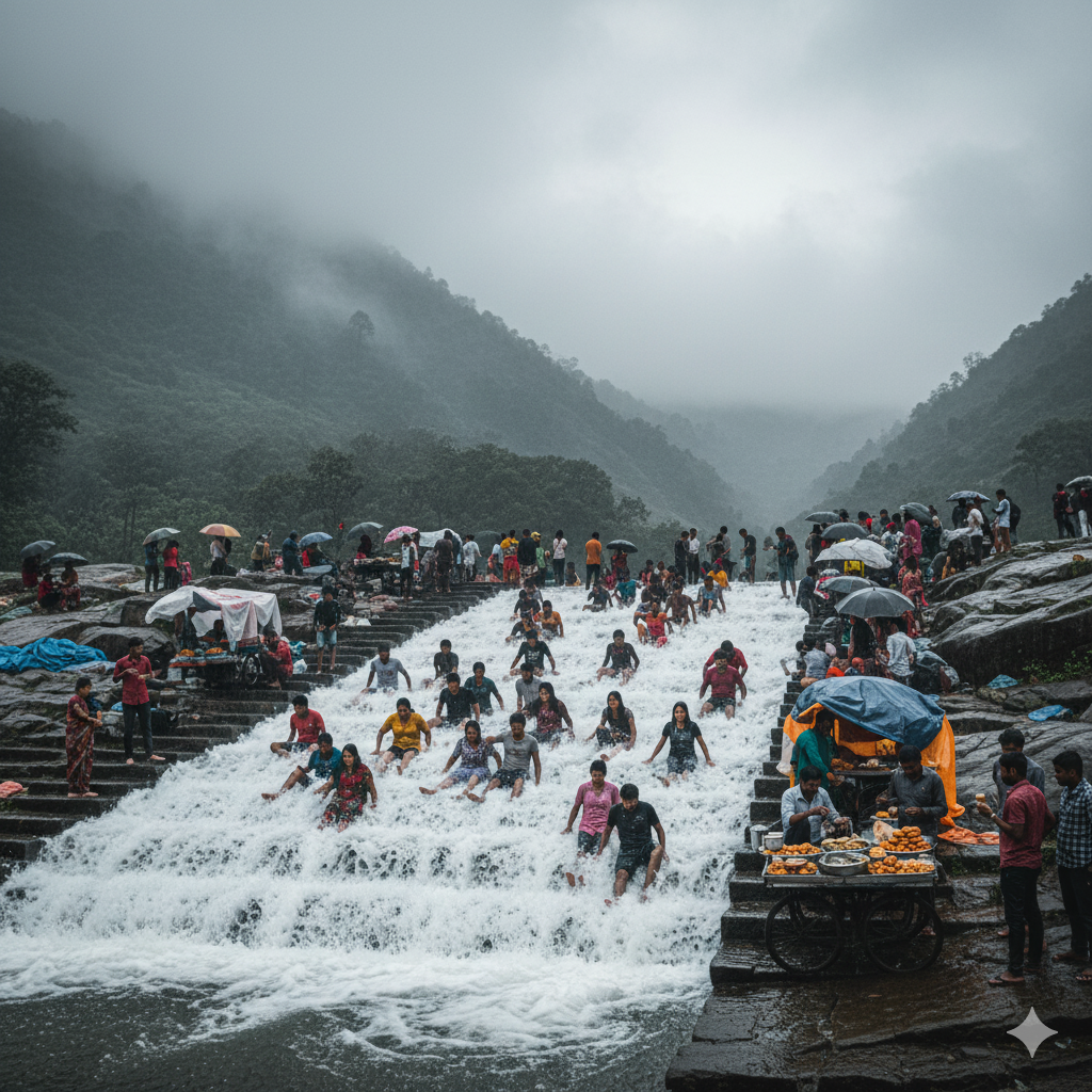 Tourists enjoying water flow at Bhushi Dam in Lonavala during monsoon season surrounded by lush green hills.