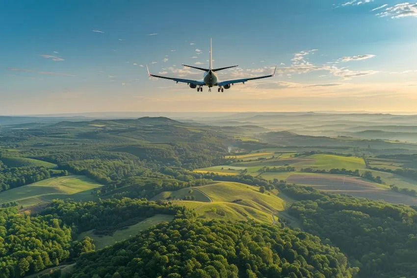 Airplane flying over lush green landscape