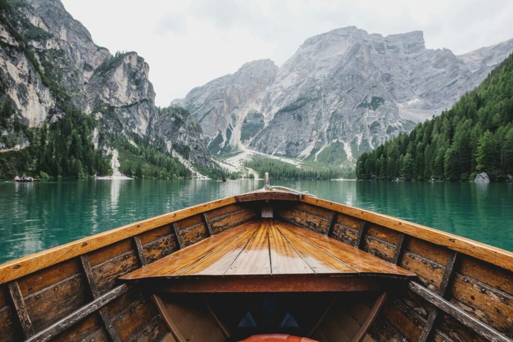 Boat on tranquil mountain lake